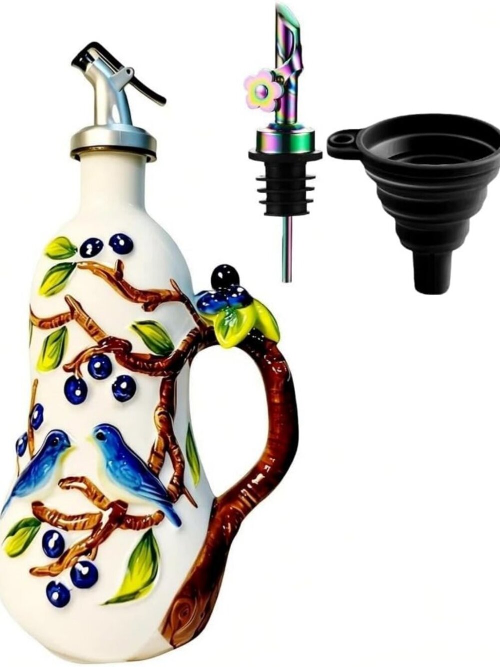 Hand Painted Ceramic Olive Oil Dispenser Bottle with Handle & Stainless Steel